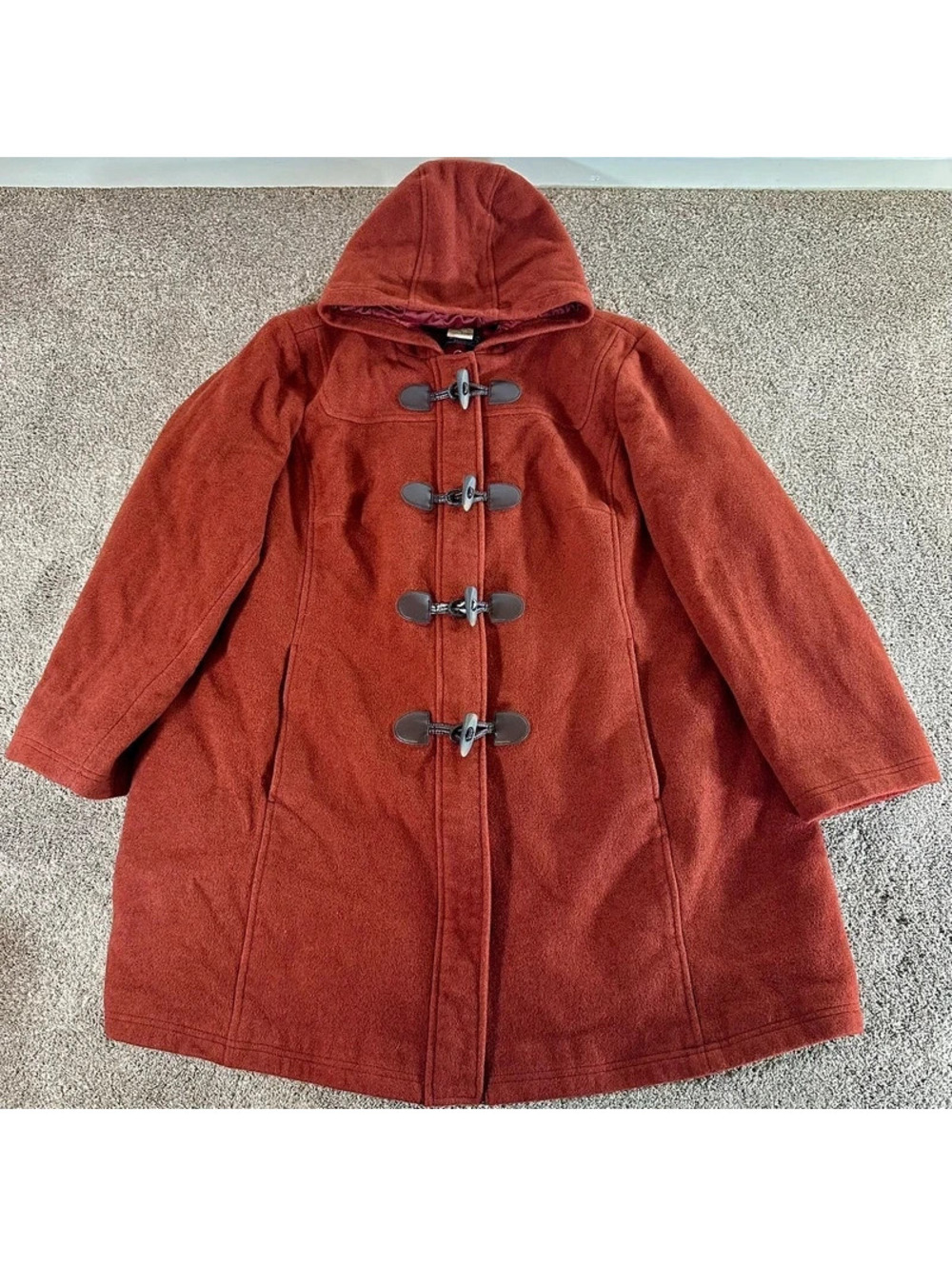 rust orange L.L.Bean women's classic lambswool duffel coat hooded toggle
